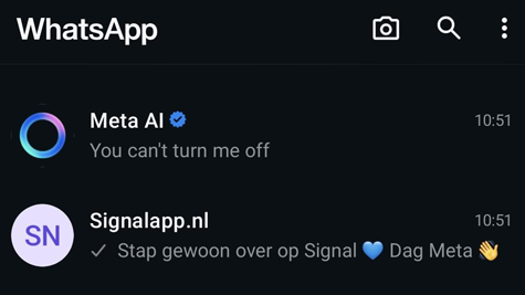 Meta AI uitschakelen in WhatsApp kan niet, nieuwe reden voor overstap Signal