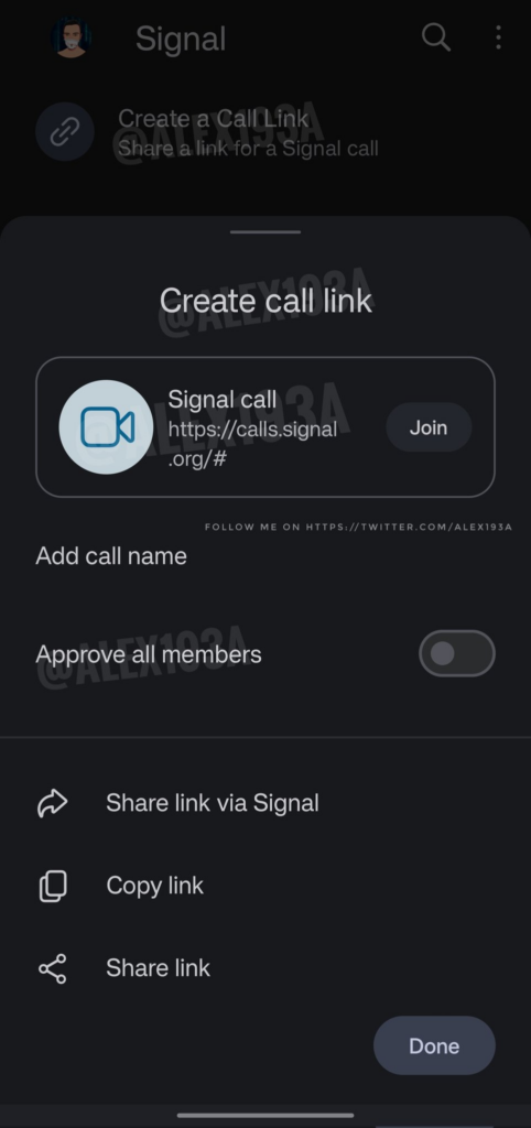 Screenshot oproeplinks in Signal